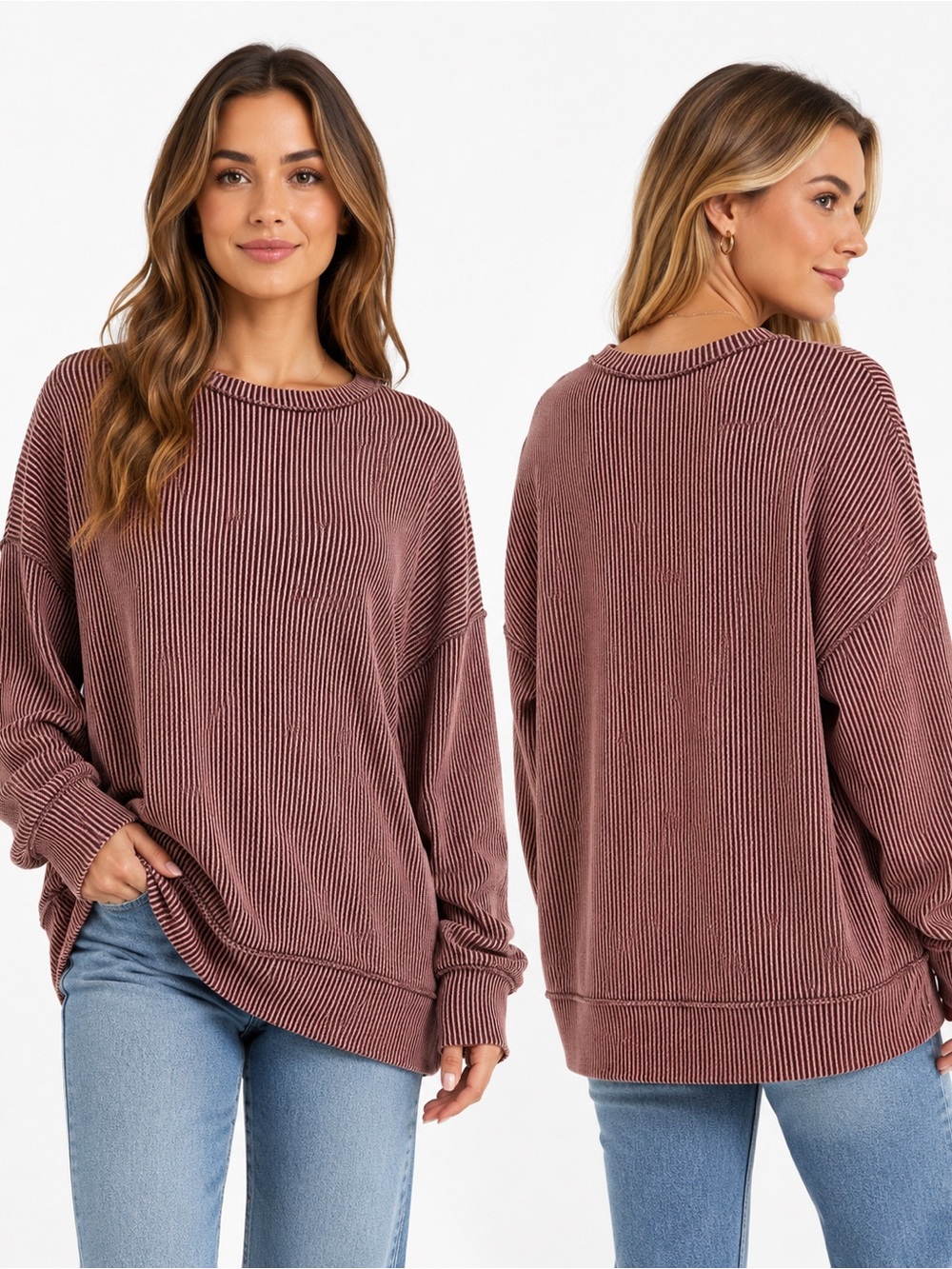 Relaxed Ribbed Pullover Sweater - Dusty Mauve